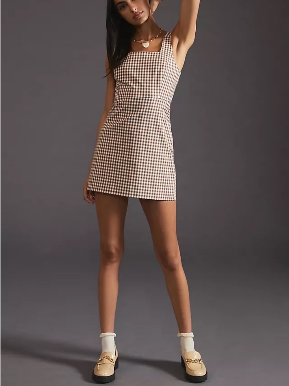 Favorite Daughter Brown/White Gingham Square Neck Mini Dress 12